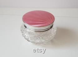 art deco sterling silver with pink enamel and cut glass powder pot, storage jar