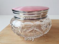 art deco sterling silver with pink enamel and cut glass powder pot, storage jar