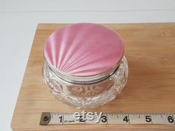 art deco sterling silver with pink enamel and cut glass powder pot, storage jar