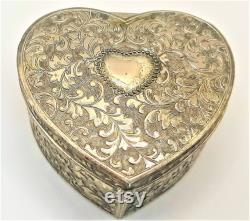 c.1980s Heart Shaped Trinket Box. Silver Plated Jewellery Box. Gift for Her. Red Lining. Victorian Style