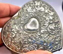 c.1980s Heart Shaped Trinket Box. Silver Plated Jewellery Box. Gift for Her. Red Lining. Victorian Style