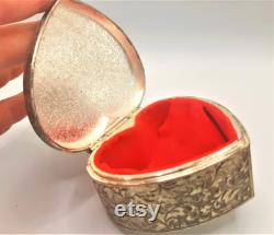 c.1980s Heart Shaped Trinket Box. Silver Plated Jewellery Box. Gift for Her. Red Lining. Victorian Style