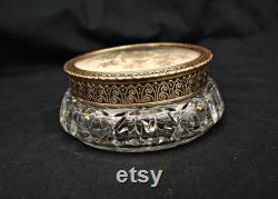 crystal glass and brass metal powder jar vintage Victorian style powder box with mirror ornate embroidered lid embossed edges dressing tabl