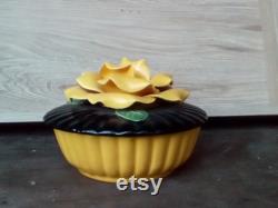 majolica mid century powder box, ceramic, black, yellow