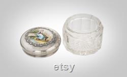 scenic enameled sterling cut glass vanity jar