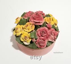 vintage CAPODIMONTE Italy Flower Floral ROSES POWDER Box Pink shabby chic very Loved for your vanity or decor