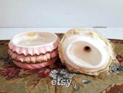 vintage Vcagco Japan Pink LADY Dresser Vanity Powder JAR Trinket BOX Lace and fabric accents for your retro kitsch Bathroom